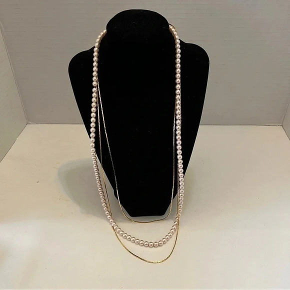 Gold Tone Faux Pearl Multi Strand Chain 3 Layer Long Statement Necklace Jewelry - Picture 1 of 4